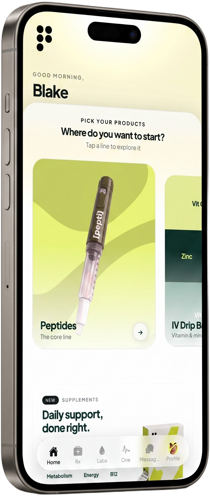 The Pepti app home screen on an iPhone