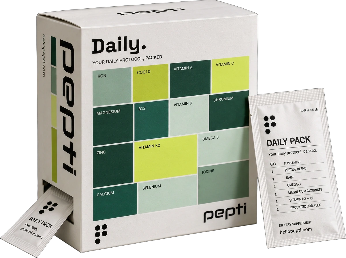 The pepti Daily Pack dispenser box with a tear-away daily supplement sachet