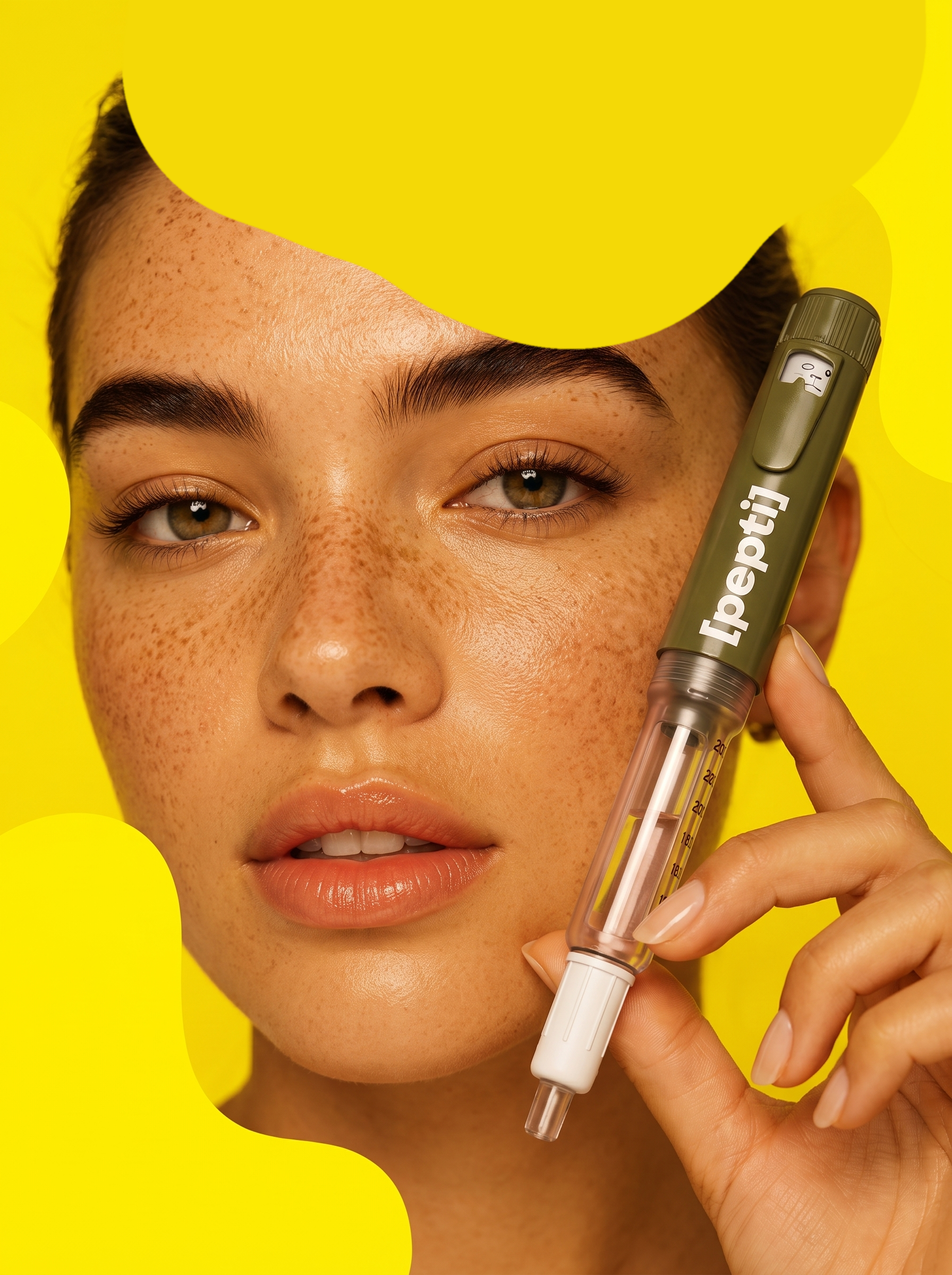 A model holding the pepti auto-injector pen to her face